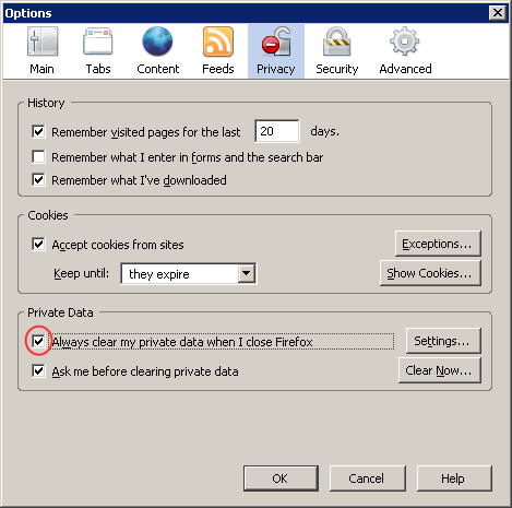 Firefox - Privacy - Options