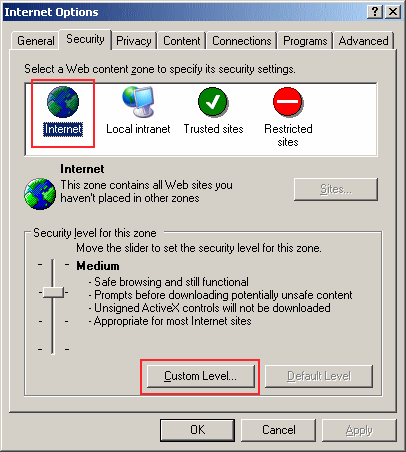 Internet Options Screen