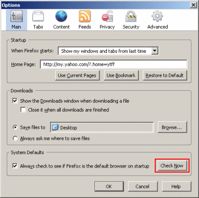Firefox Options - Check Default