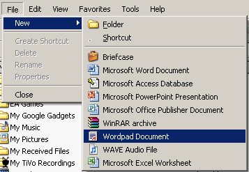 WordPad Document on File > New Menu