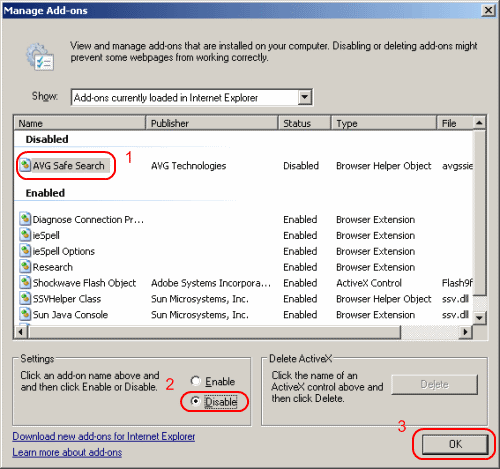 IE addons screen