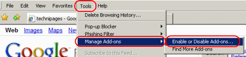 IE - Enable or disable addons