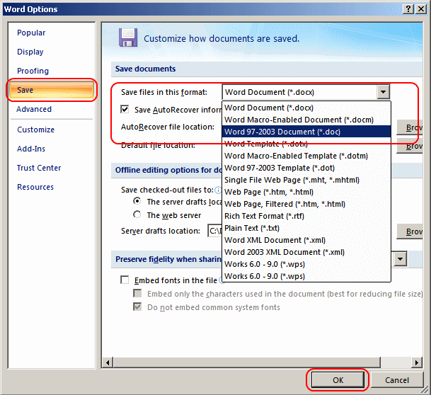 Word Options - Save