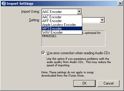 iTunes Import settings iTunes Import settings