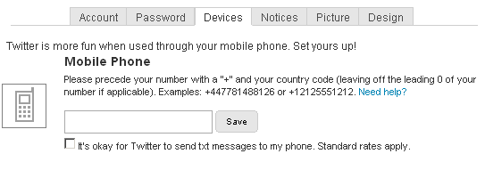 Devices tab under Twitter settings. Devices tab under Twitter settings.