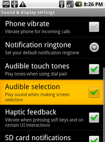 Nexus One Audible selection setting