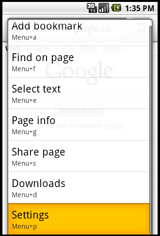 Nexus One Browser settings
