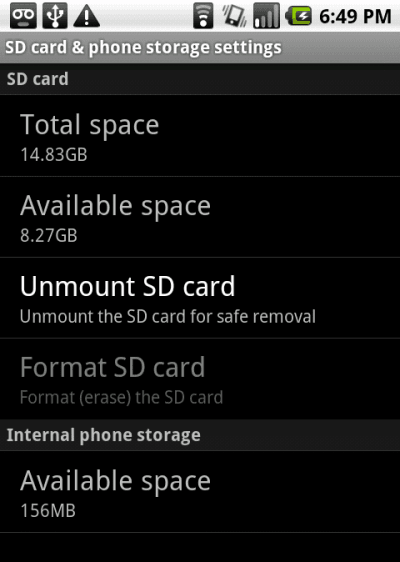 Droid available space screen Droid available space screen