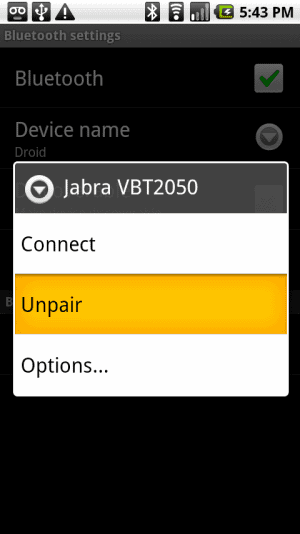 Unpair Bluetooth option on Nexus One Unpair Bluetooth option on Nexus One
