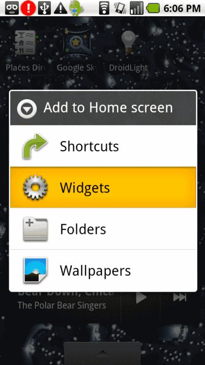 Widgets option