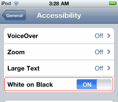Touch Accessibility. 4. Slide White on Black to On. iPod Touch black and 