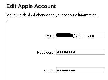iTunes change password screen