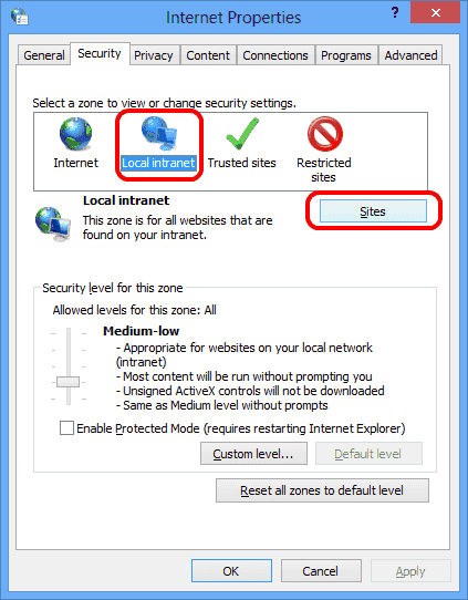 Local Intranet Sites Selection Internet Properties