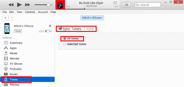 iTunes Sync Tones Selection