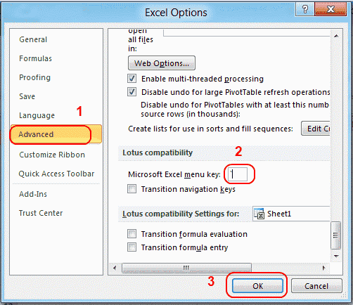 Microsoft Excel menu key selection