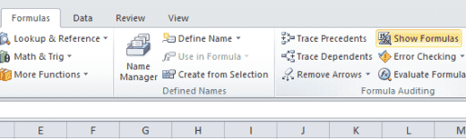 Show Formulas button in Excel 2010