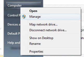 Windows Manage option under Computer