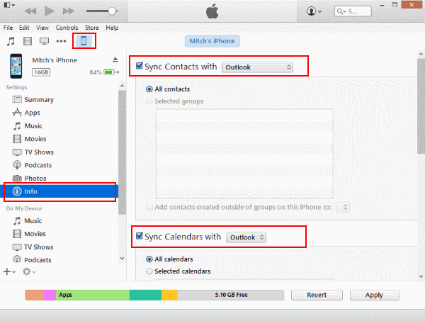 iTunes Outlook sync settings