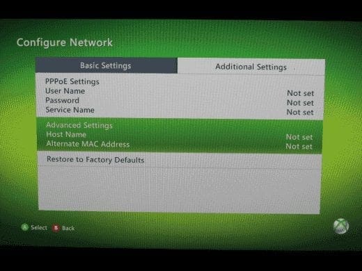 XBox 360 Additional Settings Screen