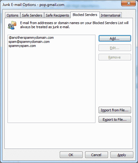 Outlook 2010 blocked senders screen