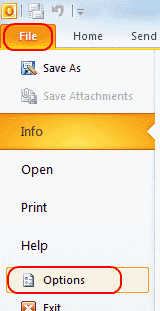 Outlook 2010 Options button