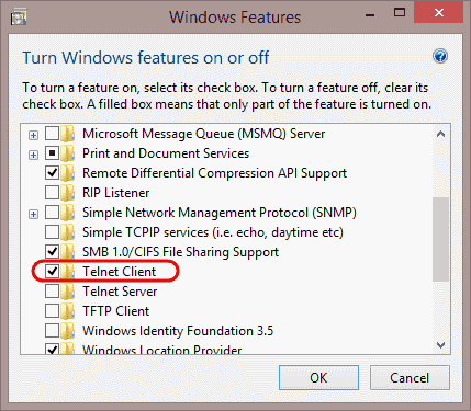 Telnet Client selecting in Windows Features selections