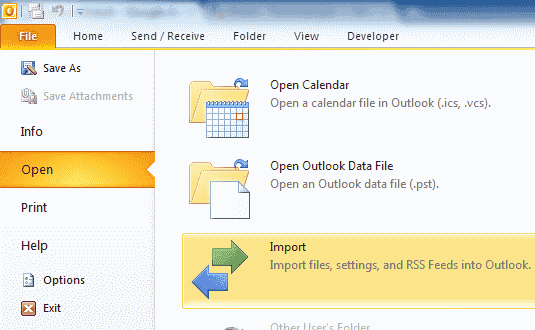 Outlook 2010 Import option