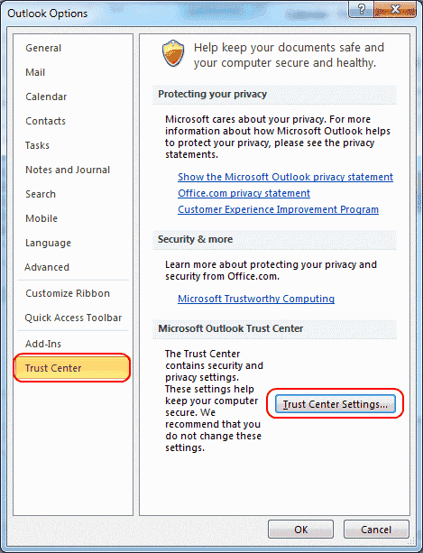 Outlook 2010 Trust Center Settings button