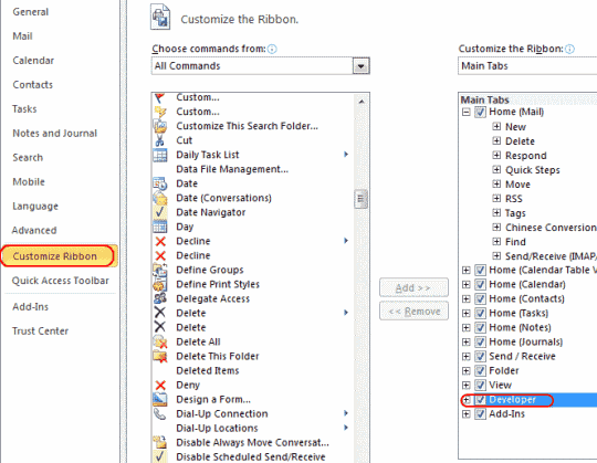 Outlook 2010 enable developer ribbon