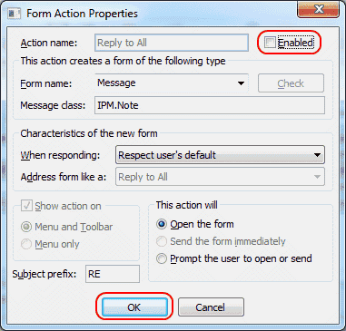 Outlook 2010 reply to all form action properties