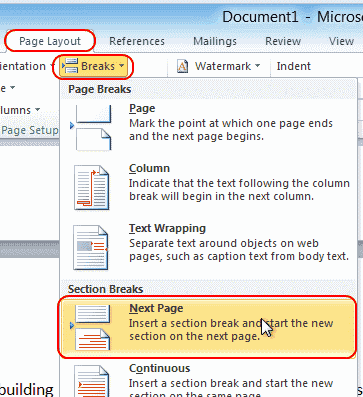 Word 2010 Next Page option