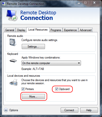 RDP Clipboard option and More button RDP Clipboard option and More button