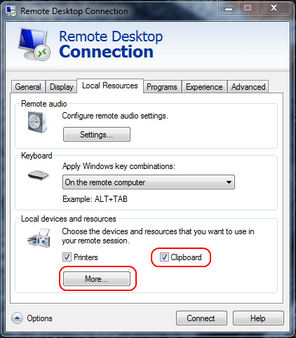 RDP Clipboard option and More button