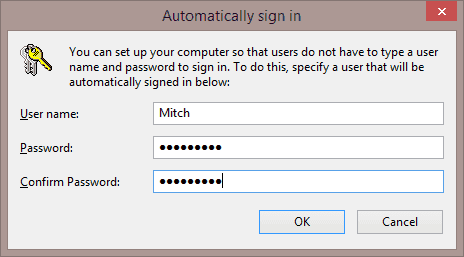 Windows 8 Automatically sign in dialog