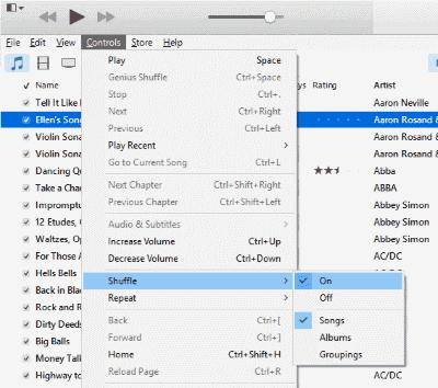 iTunes Shuffle Repeate menu