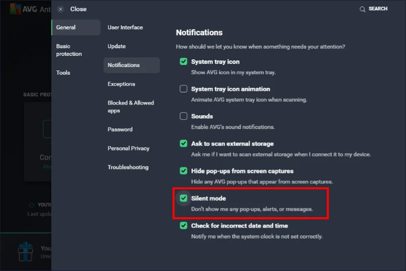 AVG Silent Mode Option