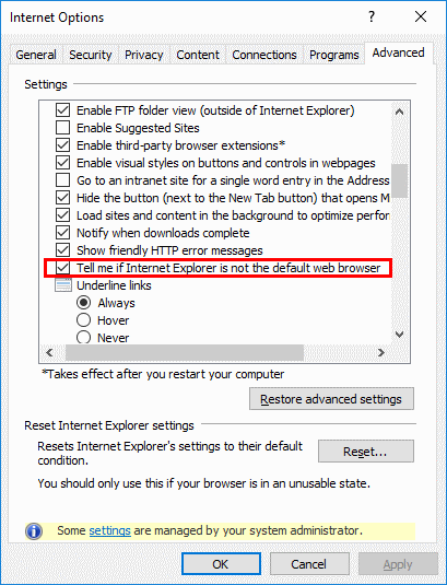 Windows 10 Disable Prompt To Set Ie11 As Default Browser
