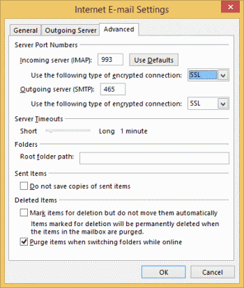 Outlook Yahoo IMAP Advanced Settings