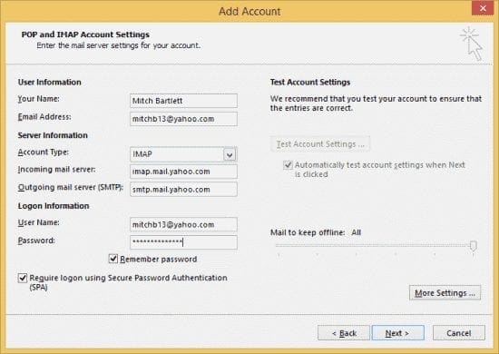 Outlook Yahoo IMAP Settings