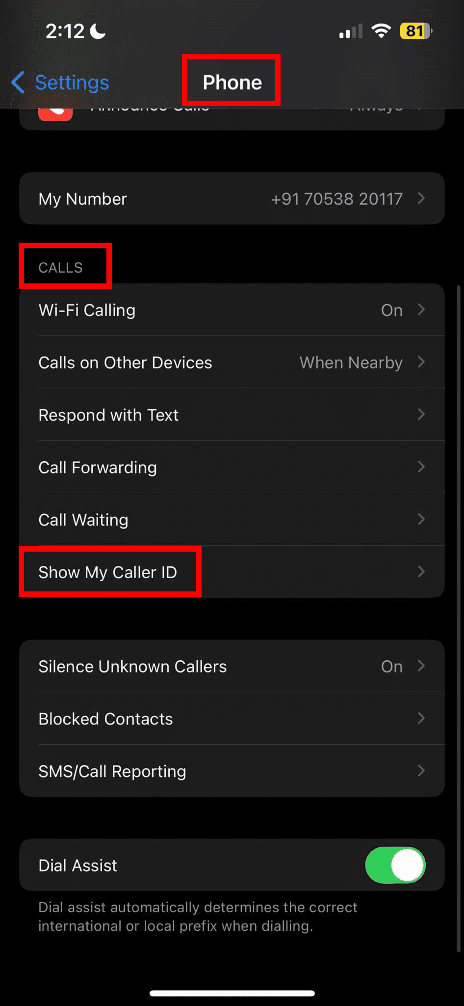 Phone Settings Calls section