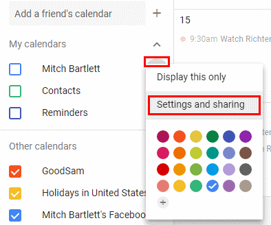 Accessing Settings for a Google calendar.