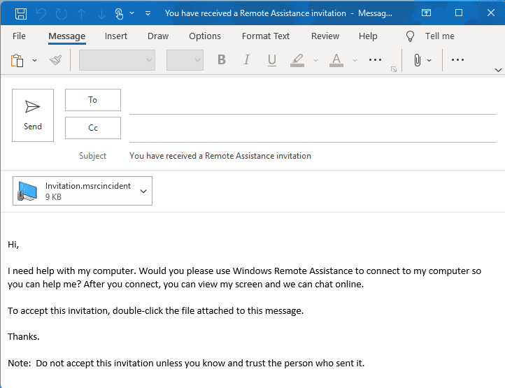 Outlook email for remote support invitation