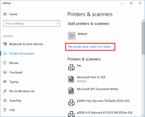 Click the prompt the printer that I want isn't listed