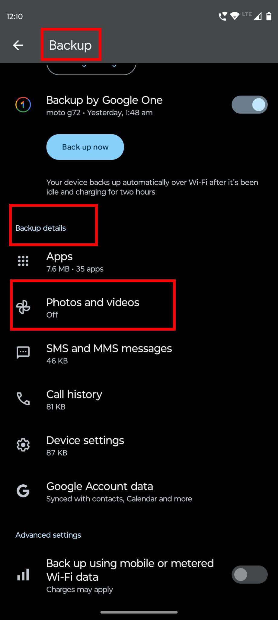 Backup details Photos and videos sync