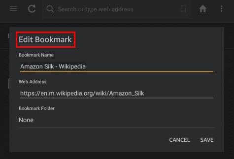 Edit bookmark options in Amazon Fire