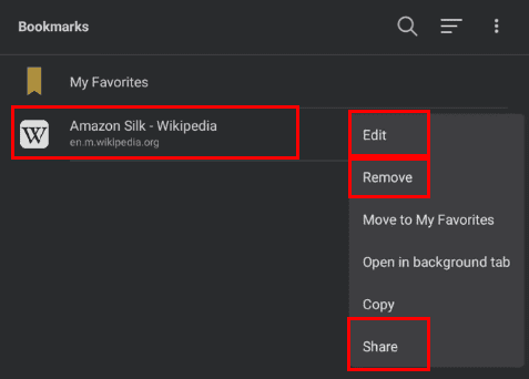 Various bookmarks editing option in Silk browser