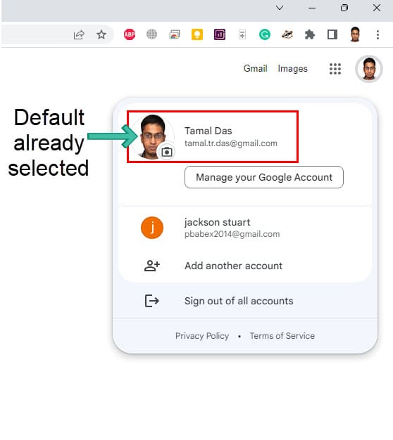A screenshot of Chrome browser showing default Google account already selected