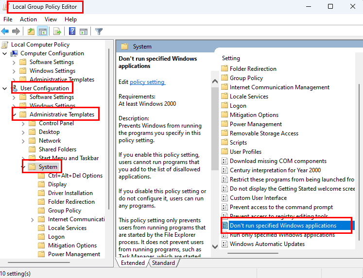 Access Don't run specified Windows applications on Group Policy tool