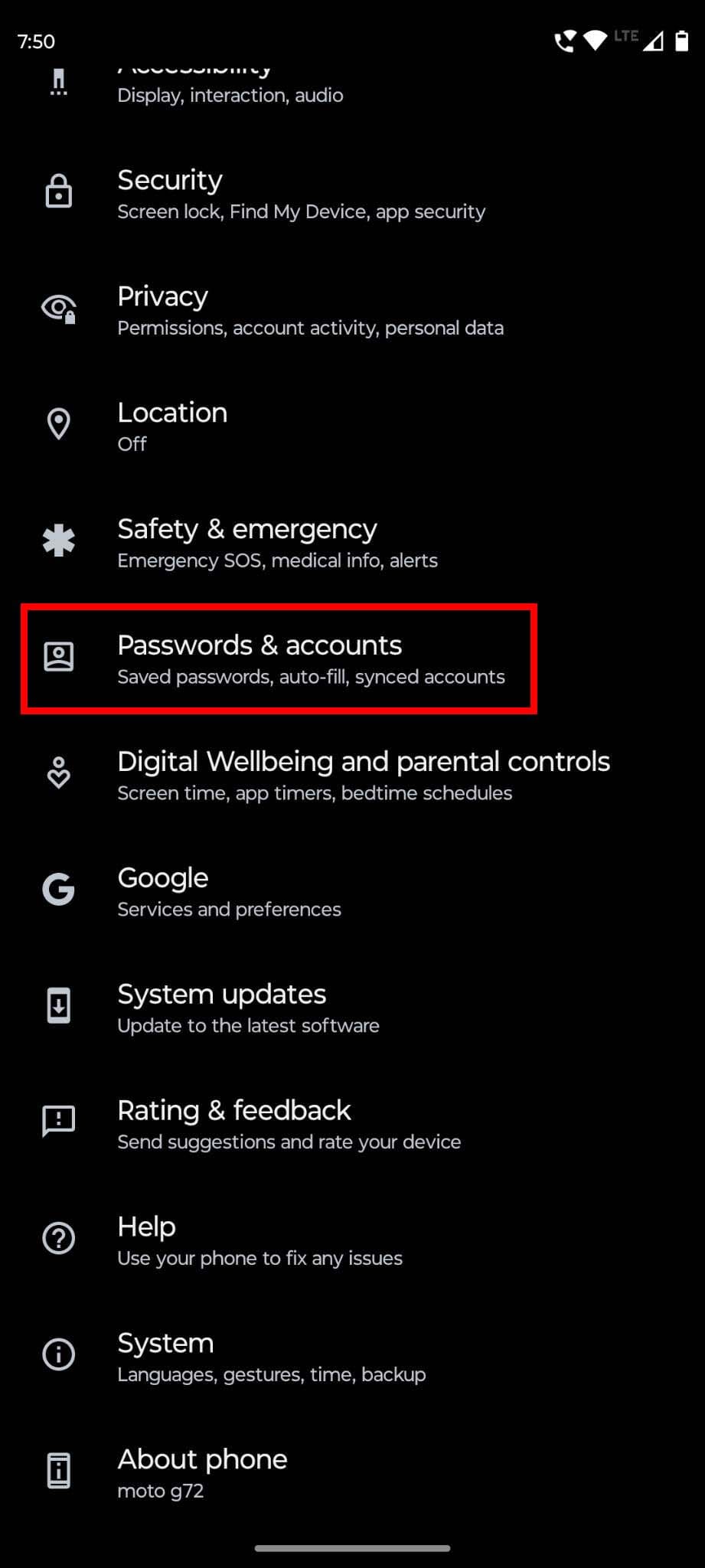 Screenshot of Passwords and accounts option on Settings