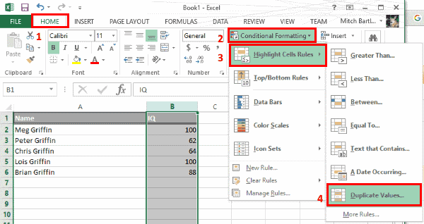 Excel Highlight Duplicate Values
